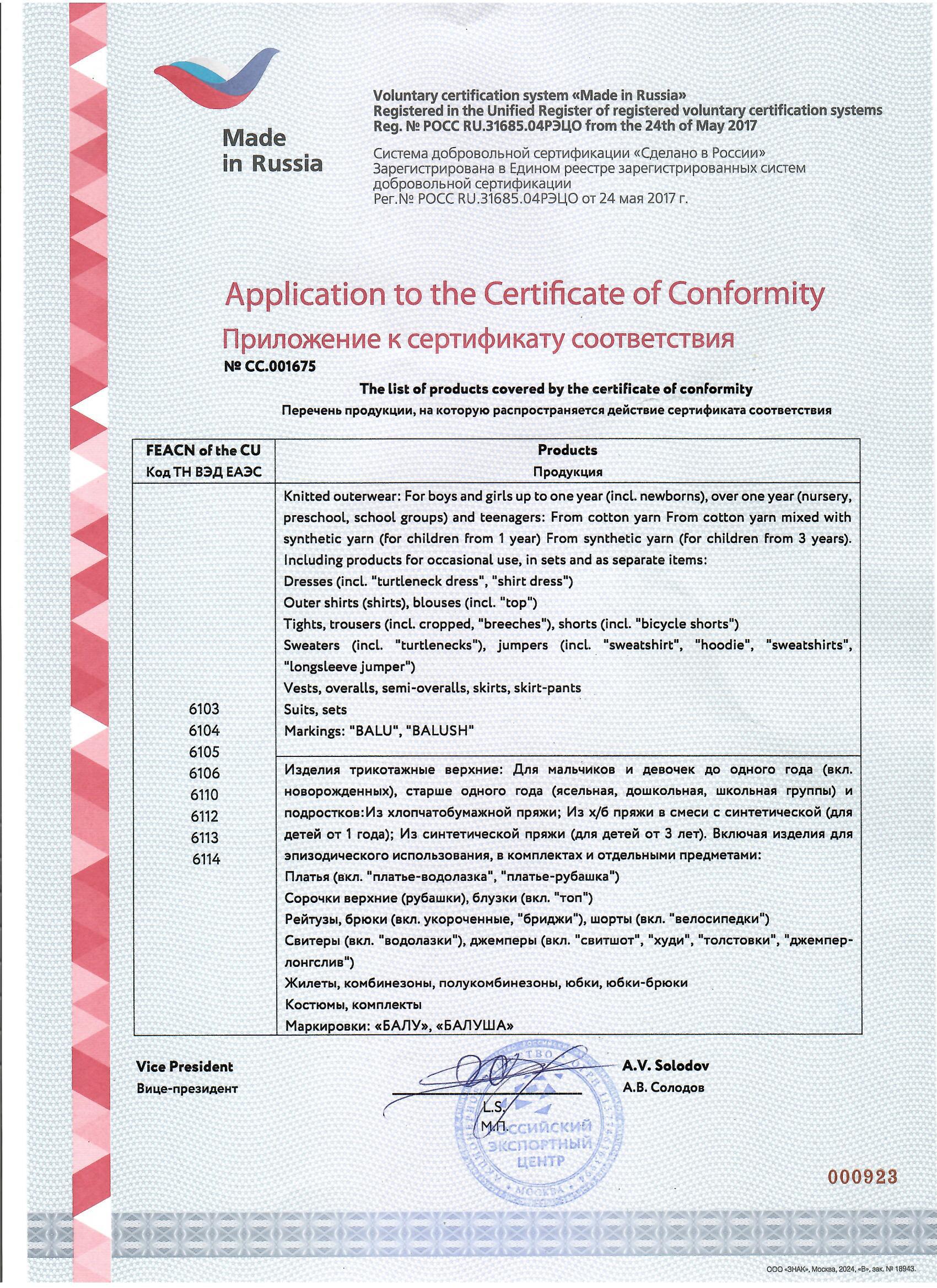 Приложение к сертификату "Сделано в России"